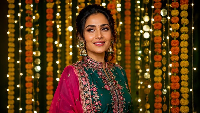 Elegant woman in colorful embroidered traditional attire posing against festive marigold garlands and warm lights. Ideal for Diwali, wedding, fashion, beauty and cultural advertising.