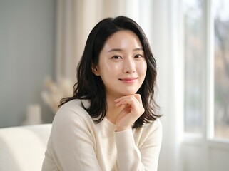Obraz premium Close up portrait of a beautiful Korean woman with clear radiant skin smiling softly while resting her chin on her hand