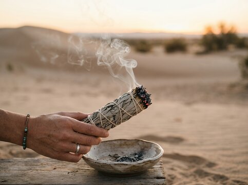 Person holding burning sage bundle in desert landscape at sunset.