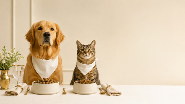 Golden retriever and tabby cat sitting at an elegant dining table in a warm modern interior. Ideal for pet food, hospitality, lifestyle and animal care advertising.