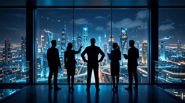 Executive team stands in a glass-walled skyscraper office overlooking a sprawling urban cityscape at night to discuss strategic partnerships and future expansion plans for their growing enterprise.