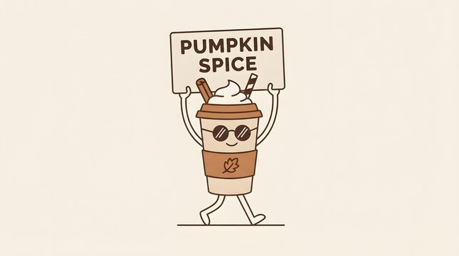 A cute cartoon coffee cup character holding a pumpkin spice sign to celebrate a happy thanksgiving season with a fun autumn beverage illustration for fall