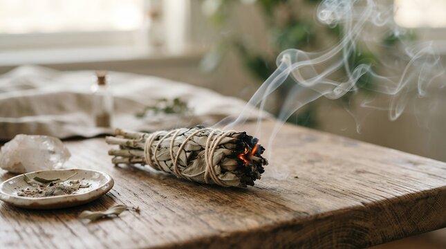 Smudging Sage Bundle Burning with Smoke on Wooden Table.