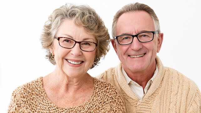 Happy senior couple smiling together at home, joyful retirement lifestyle portrait showcasing love, companionship, healthy aging, family values and active life for healthcare and insurance concepts