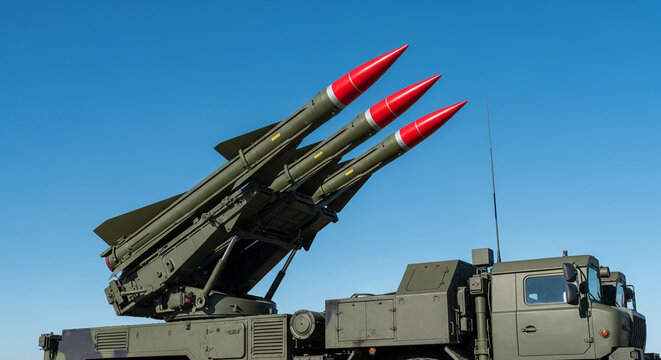 Military rocket launcher with three missiles pointed skyward on a clear blue day, symbolizing defense, power, and readiness for action