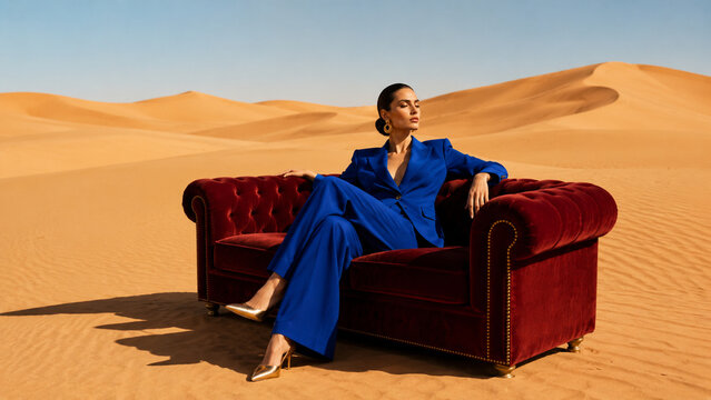 Stylish woman in a blue suit relaxing on a red velvet sofa in golden desert dunes, ideal for fashion editorials, luxury campaigns, travel concepts and surreal advertising.