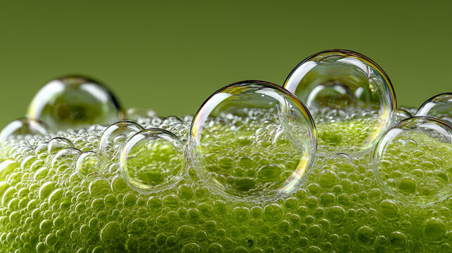 Extreme macro of delicate green soap foam, luxurious skincare cleansing texture, soft pastel green background