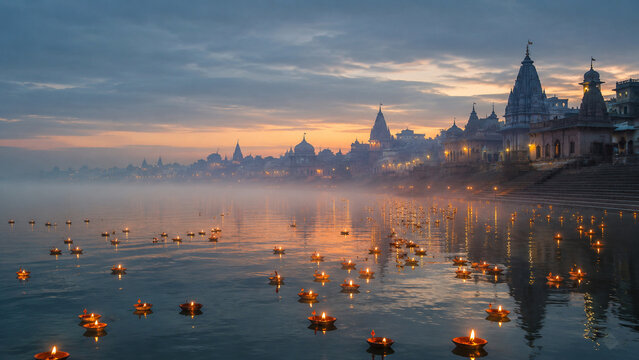 Floating diyas illuminate the Ganges beside historic Varanasi ghats at dawn. Ideal for Diwali greetings, spiritual travel, cultural events and tourism advertising.