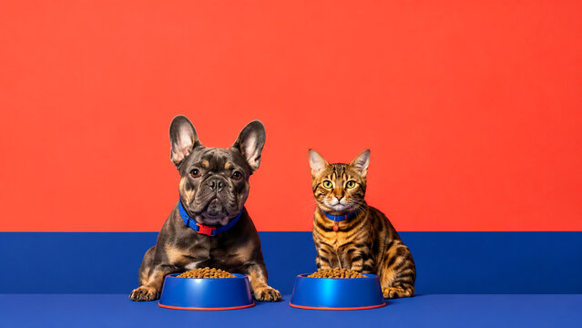 French bulldog and Bengal cat sitting behind blue pet food bowls on a bright orange studio background. Ideal for pet nutrition, veterinary, packaging and advertising designs.