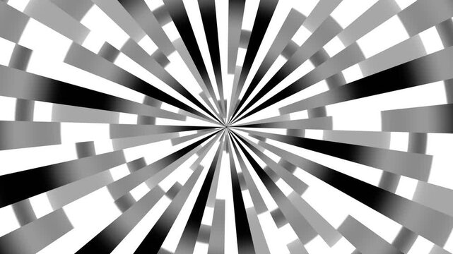 Abstract gray and white zoom burst geometric background, digital geometric explosion background with monochromatic rays, 4k seamless computer animation.