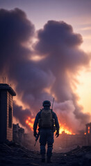Obraz premium Soldier facing fiery explosion and smoke against a sunset sky, symbolizing conflict, resilience, and aftermath, conveying a dramatic scene