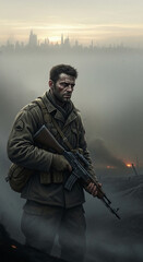 Obraz premium A scarred soldier holds a rifle against a backdrop of smoky ruins and distant fires, symbolizing conflict and survival in wartime
