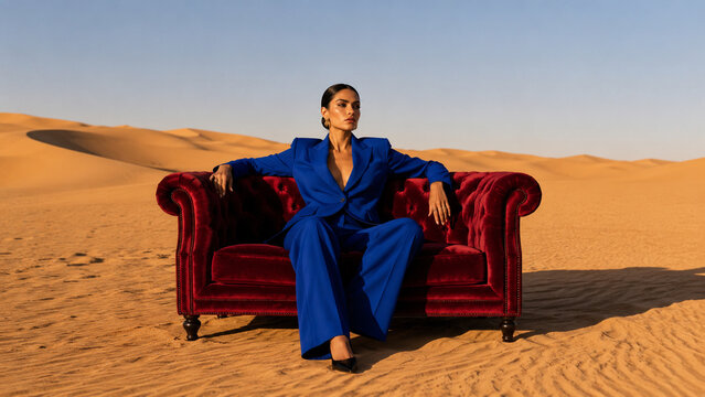 Fashion portrait of a woman in a blue suit seated on a red velvet sofa among desert dunes. Ideal for editorial, luxury, furniture and creative advertising.