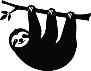 Fototapeta premium Minimalist black silhouette illustration of a cute sloth hanging from a tree branch on white background