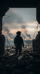 Obraz premium A soldier stands in a ruined doorway, overlooking a smoke-filled landscape with distant fires, symbolizing conflict and destruction.