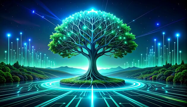 Futuristic cityscape with glowing digital tree and data streams.