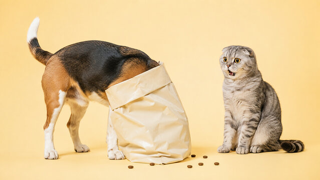Beagle searching a blank pet food bag while a Scottish Fold cat begs beside it on a yellow studio background. Ideal for pet nutrition, retail, veterinary, advertising, and humorous campaigns.