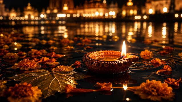 Glowing diya with marigold flowers floating on water before illuminated Indian architecture at night. Ideal for Diwali greetings, travel, cultural events, posters, and festive advertising.