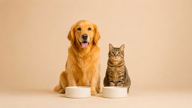 Golden retriever and tabby cat looking at empty pet food bowls on a white studio background. Ideal for pet nutrition, veterinary, advertising, retail, and animal care.