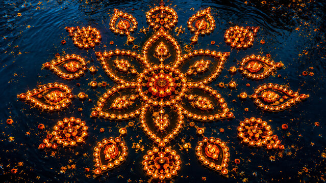 Intricate orange rangoli made of glowing diyas on a dark blue background. Ideal for Diwali greetings, festive advertising, invitations, posters, cultural events, and spiritual designs.