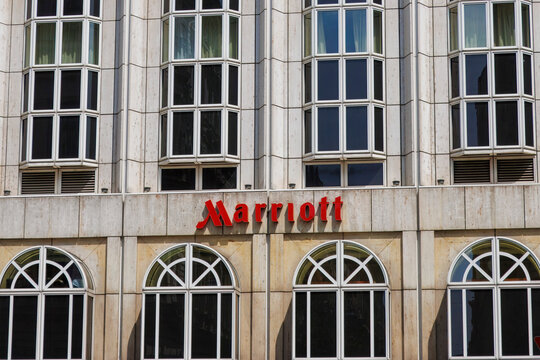 Marriott Logo Displayed on the Vienna Marriott Hotel Building in Vienna, Austria.