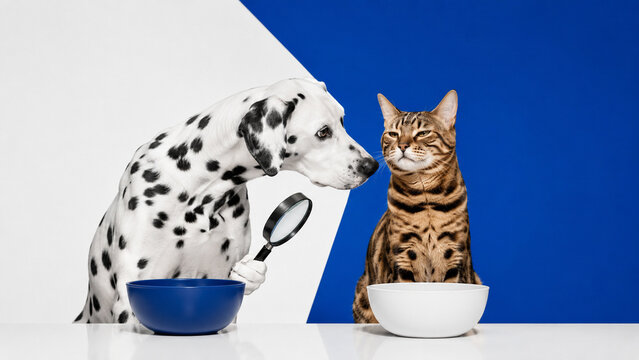 Dalmatian dog and tabby cat touching noses beside pet food bowls on a blue and white studio background. Ideal for pet nutrition, veterinary, advertising, and animal care content.