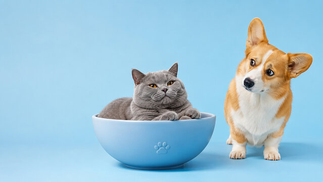 Funny studio portrait of a crowned gray cat sitting in a large blue bowl while a corgi looks up. Ideal for pet food, veterinary care, animal branding and advertising use.
