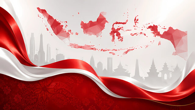 Creative Indonesian map with flowing red and white ribbon and modern city skyline. Suitable for Independence Day promotions, educational materials and national celebrations. 