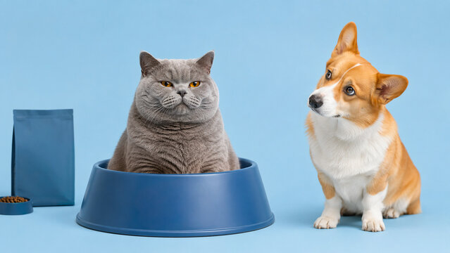 Funny studio portrait of a crowned gray cat sitting in a large blue bowl while a corgi looks up. Ideal for pet food, veterinary care, animal branding and advertising use.