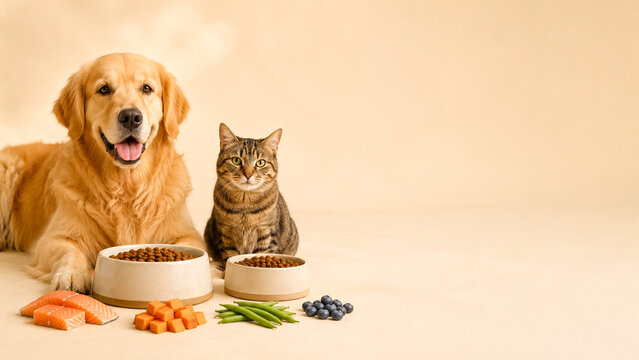 Golden retriever and tabby cat sitting behind bowls of pet food against a warm beige studio background. Ideal for pet nutrition, veterinary, retail, advertising, website, and social media use.