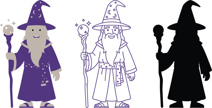 Magical old sorcerer illustration collection with wise wizard wearing star hat and robe isolated on white background vector elements