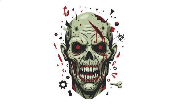 Frightening zombie creature design with red eyes and exposed teeth surrounded by abstract geometric shapes and bone elements for horror art themes.