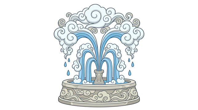 Classical stone fountain with water streams and fluffy clouds