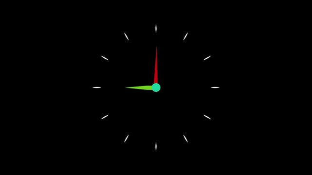 Minimalist analog clock face animation with rotating hands on black background, time watch timer countdown