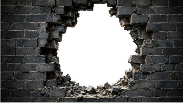 Broken dark brick wall with hole isolated on transparent background