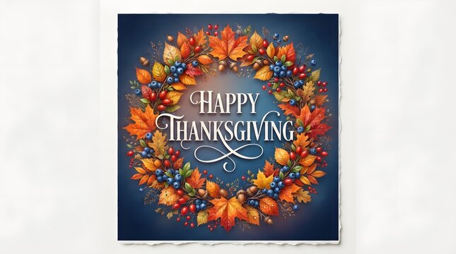 A festive greeting card design featuring a beautiful autumn leaf wreath with berries and the elegant text happy thanksgiving centered on a dark blue background