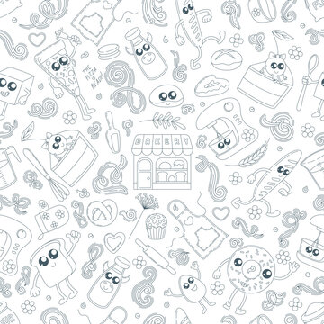 Hand drawn bakery seamless pattern. Design template bakery packaging. Black icons on white background