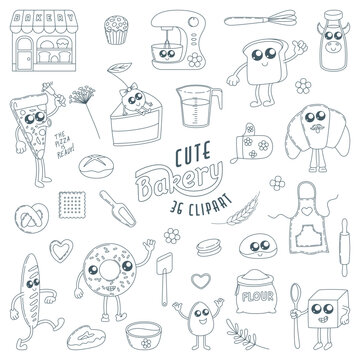 Hand drawn bakery illustration set with funny characters. Includes pizza, croissants, bread, cupcakes in doodle style. Black icons on White Background