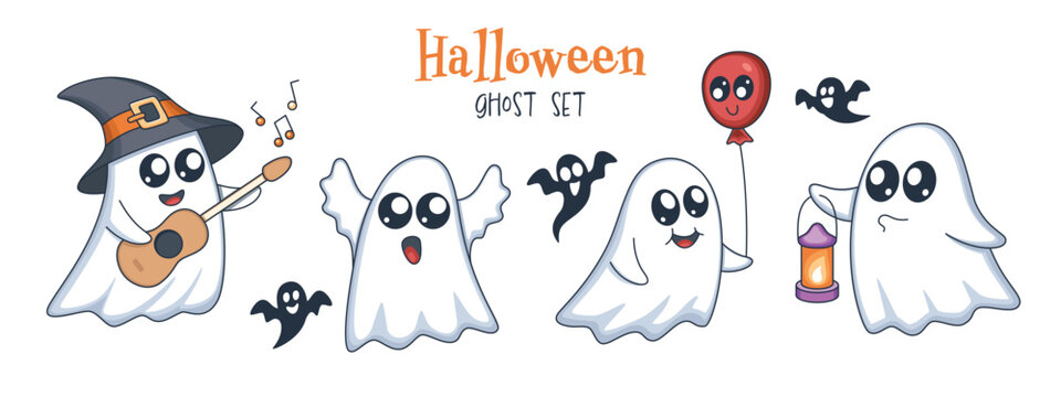 Cute Halloween Ghost set. A set of children icons in a cartoon style on white background
