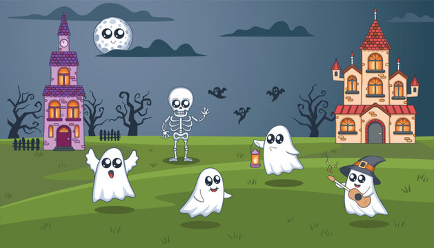 Halloween ghosts, skeleton and a scary castles against the backdrop of a spooky big orange moon. Festive flyer, poster or banner. Vector illustration
