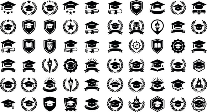 Academic graduation cap and university logo emblem icon set featuring laurel wreaths, heraldic school shields, diploma scrolls, academic success stars, and education achievement vectors