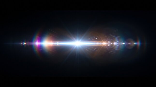Cinematic lens flare light effect, bright horizontal anamorphic light streak, glowing optical flare, realistic camera light reflection, dark black background