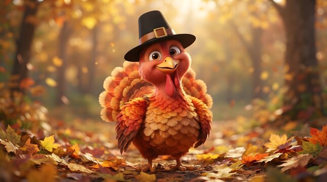 A cute cartoon turkey wearing a pilgrim hat standing in a beautiful autumn forest wishing everyone a very happy thanksgiving celebration during the fall season