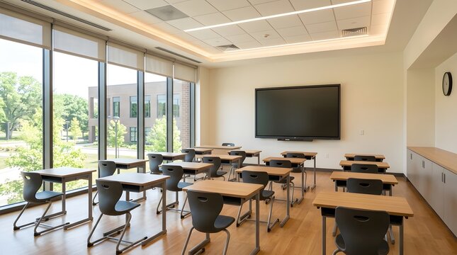 Modern empty classroom with desks. Interior of a contemporary school learning environment.