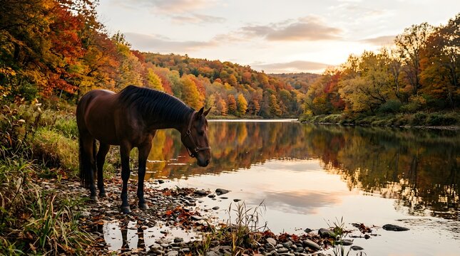 Dark horse standing by a calm riverbank during a autumn sunset with riverbank