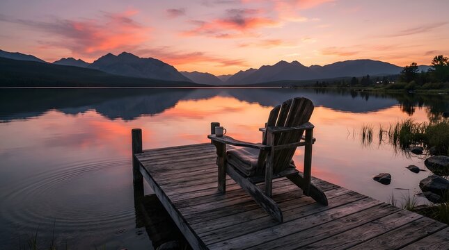 A wooden chair sits on a peaceful dock overlooking a calm lake during a vibrant sunset