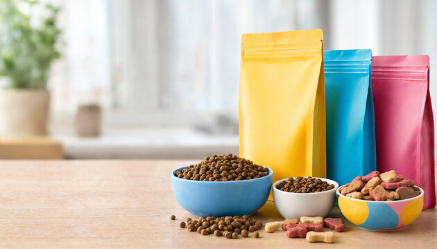 Pet food bowls and sealed bags arranged on a table with kibble and treats, bright packaging and neutral background. Composition leaves space for text on the left and behind the products.