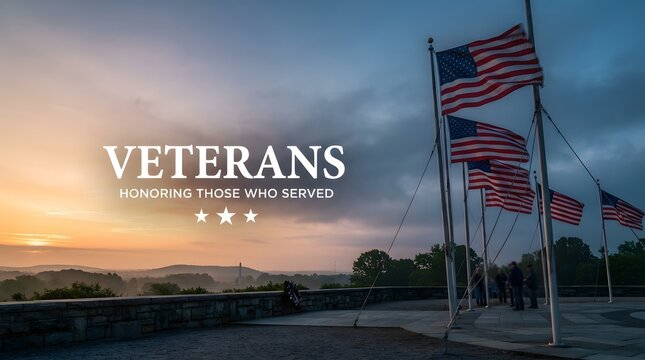 American flags waving at sunset with a tribute to veterans for memorial day or veterans day celebration