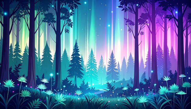 Enchanted forest with glowing mushrooms and foggy atmosphere.