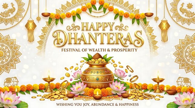 Happy Dhanteras festival greeting card. Gold wealth and prosperity celebration poster.